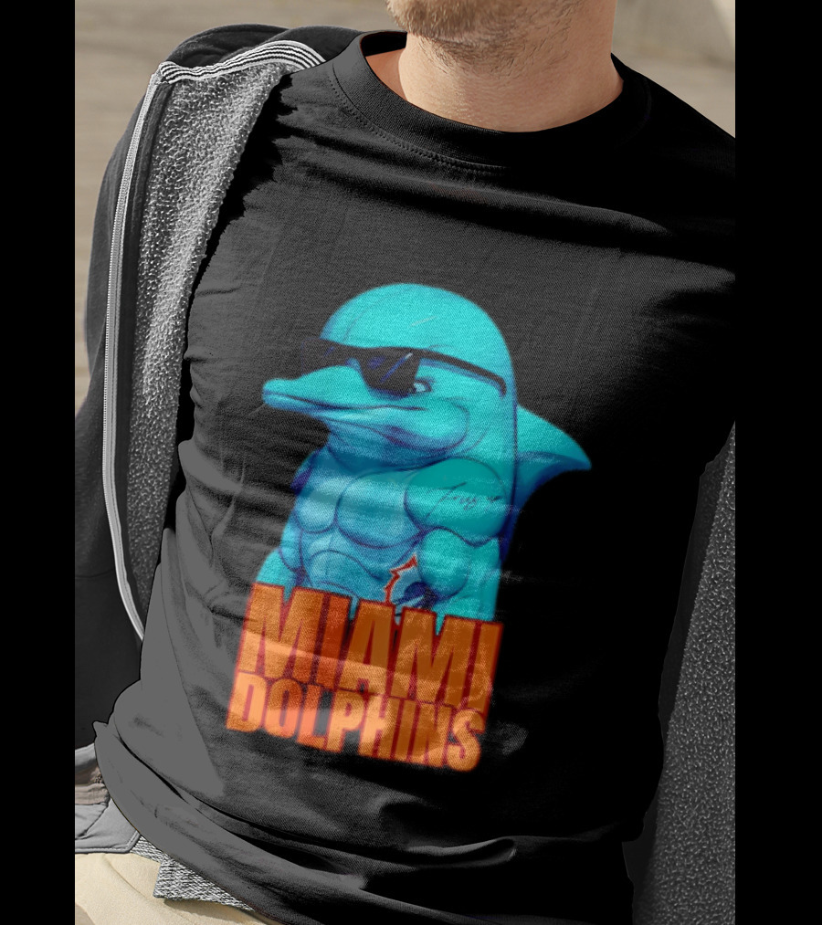 Miami Dolphins Fins Up Muscular Cartoon Sunglasses Tattoo T-Shirt