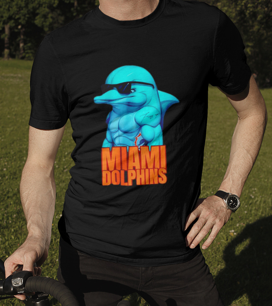 Miami Dolphins Fins Up Muscular Cartoon Sunglasses Tattoo T-Shirt