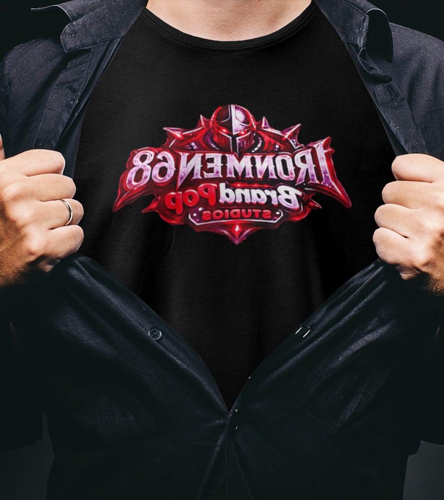 Ironmen 68 Brand Pop Studios Armored Knight Helmet Red Glowing Eyes T-Shirt