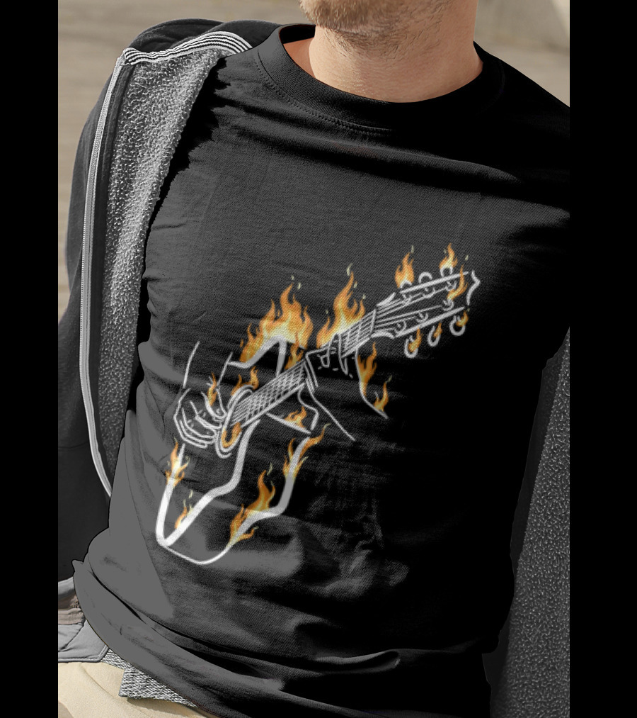 Musician Hands Flaming Acoustic Guitar White Line Artistry T-Shirt