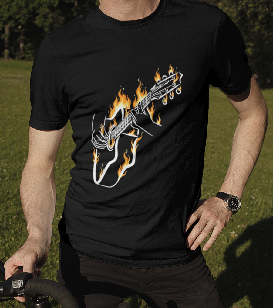 Musician Hands Flaming Acoustic Guitar White Line Artistry T-Shirt