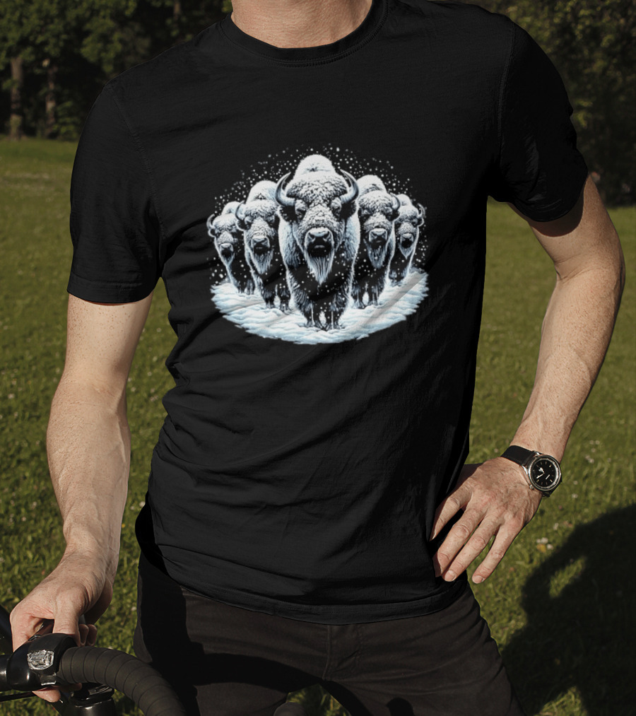 Five Snowbound American Bison Herd Winter Blizzard Snowdrift T-Shirt