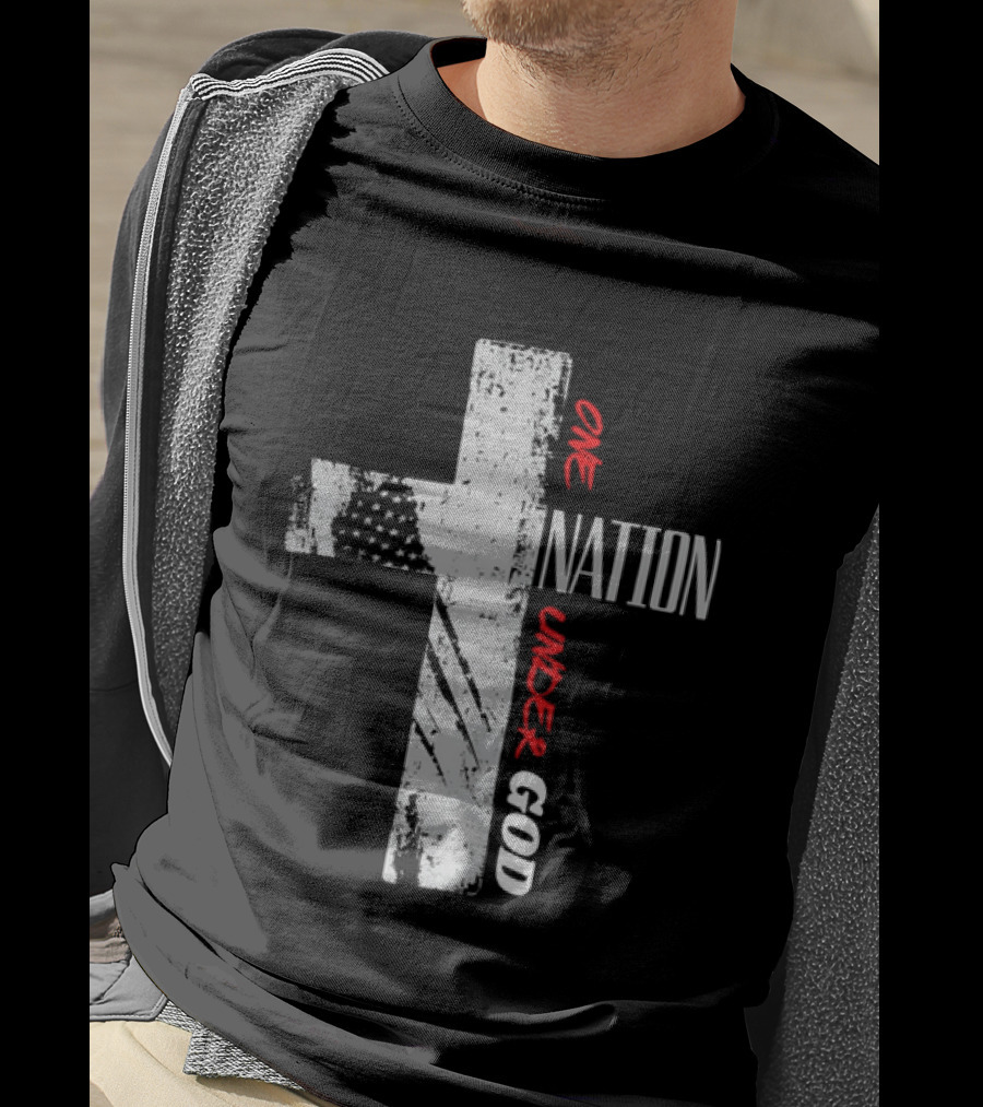 One Nation Under God Distressed Cross American Flag Stars T-Shirt