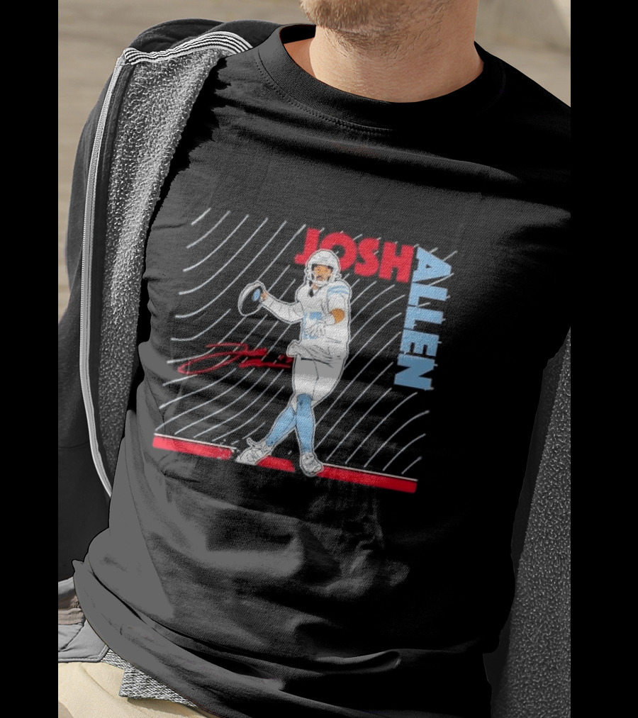 Josh Allen Quarterback Throwing Football Wavy Line Illustration With Bold Name T-Shirt