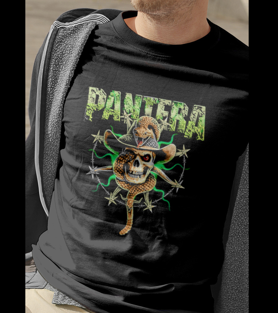 Pantera Rattlesnake Coiled Skull Cowboy Hat Green Glow T-Shirt