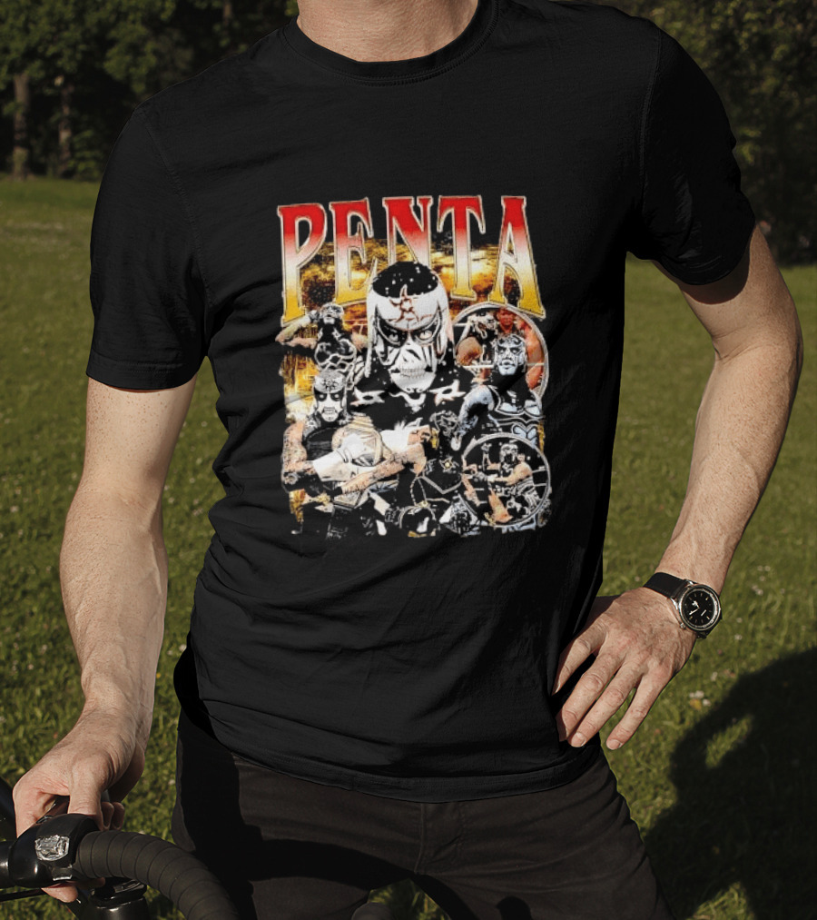 Penta Masked Luchador Wrestler Belt Photo Collage Bootleg T-Shirt