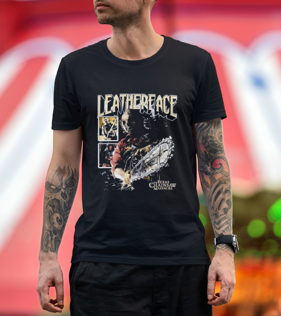Leatherface Texas Chainsaw Massacre Horror Collage Holding Saw T-Shirt