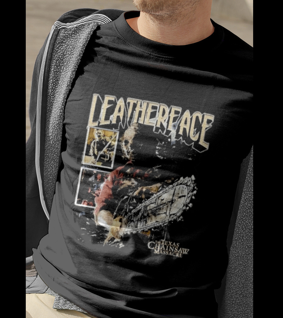 Leatherface Texas Chainsaw Massacre Horror Collage Holding Saw T-Shirt