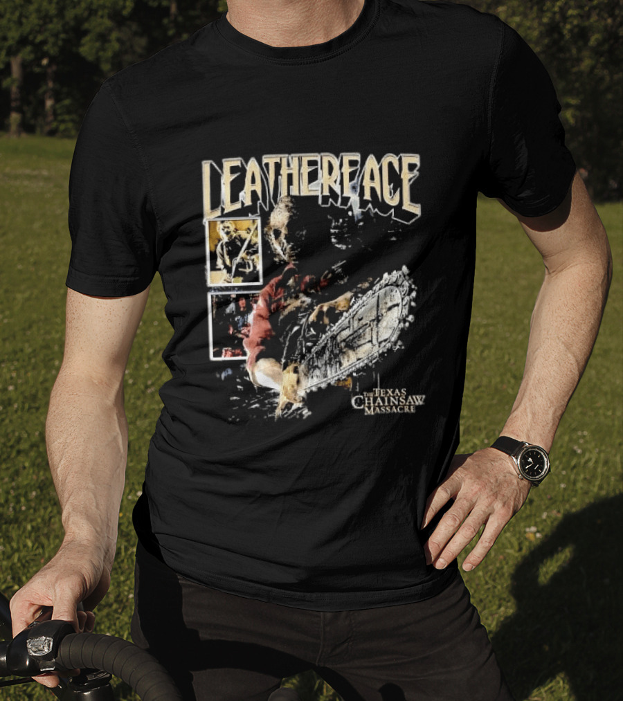 Leatherface Texas Chainsaw Massacre Horror Collage Holding Saw T-Shirt