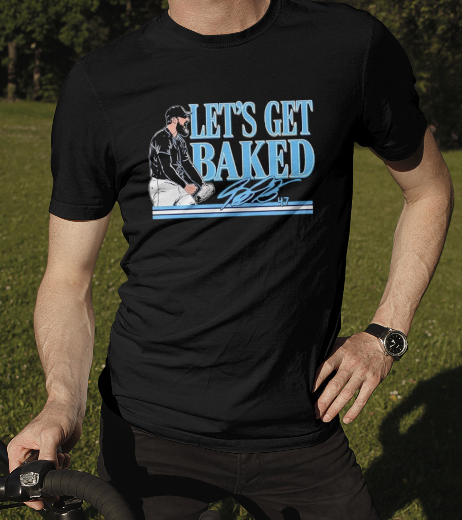 LET'S GET BAKED Bryan Baker Bearded Baseball Pitcher Celebrating Line T-Shirt