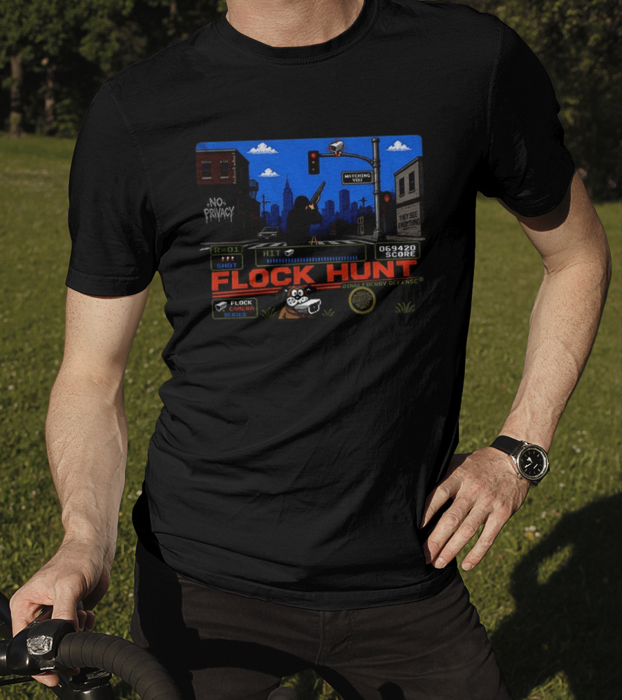 Flock Hunt Surveillance Camera Shooter Dog Video Game No Privacy Dingleberry Defense T-Shirt