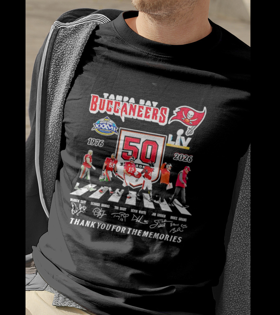 Tampa Bay Buccaneers 50th Anniversary Thank You For The Memories Warren Sapp Derrick Brooks Abbey Road Crosswalk 1976 2026 T-Shirt