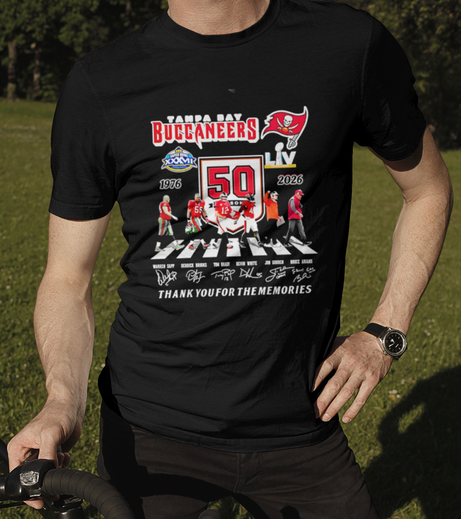 Tampa Bay Buccaneers 50th Anniversary Thank You For The Memories Warren Sapp Derrick Brooks Abbey Road Crosswalk 1976 2026 T-Shirt