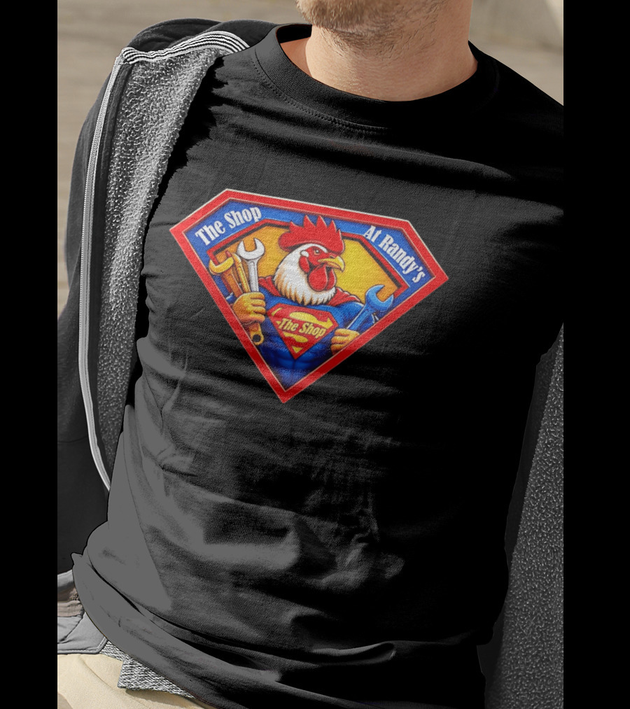 The Shop At Randy's Cartoon Rooster Superhero Wrenches Crest T-Shirt