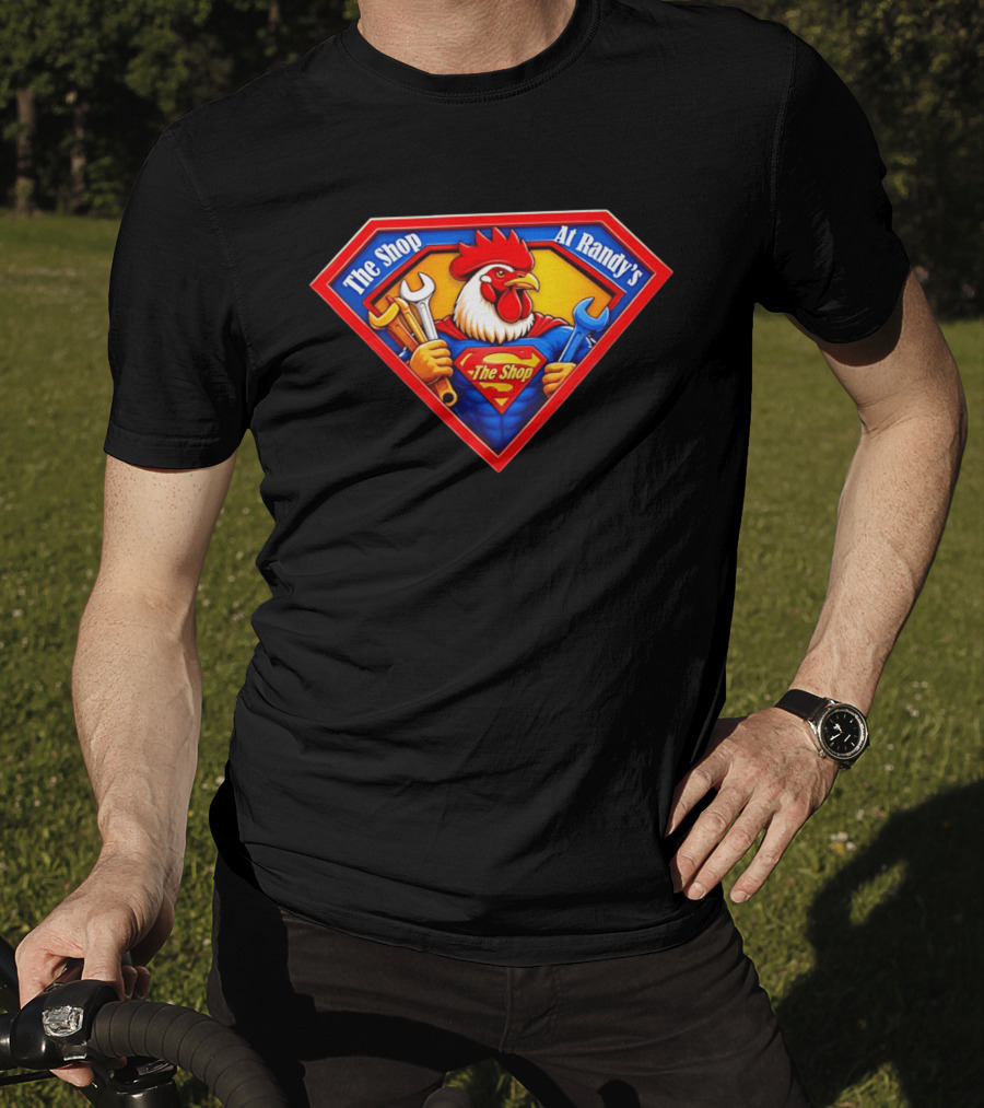 The Shop At Randy's Cartoon Rooster Superhero Wrenches Crest T-Shirt