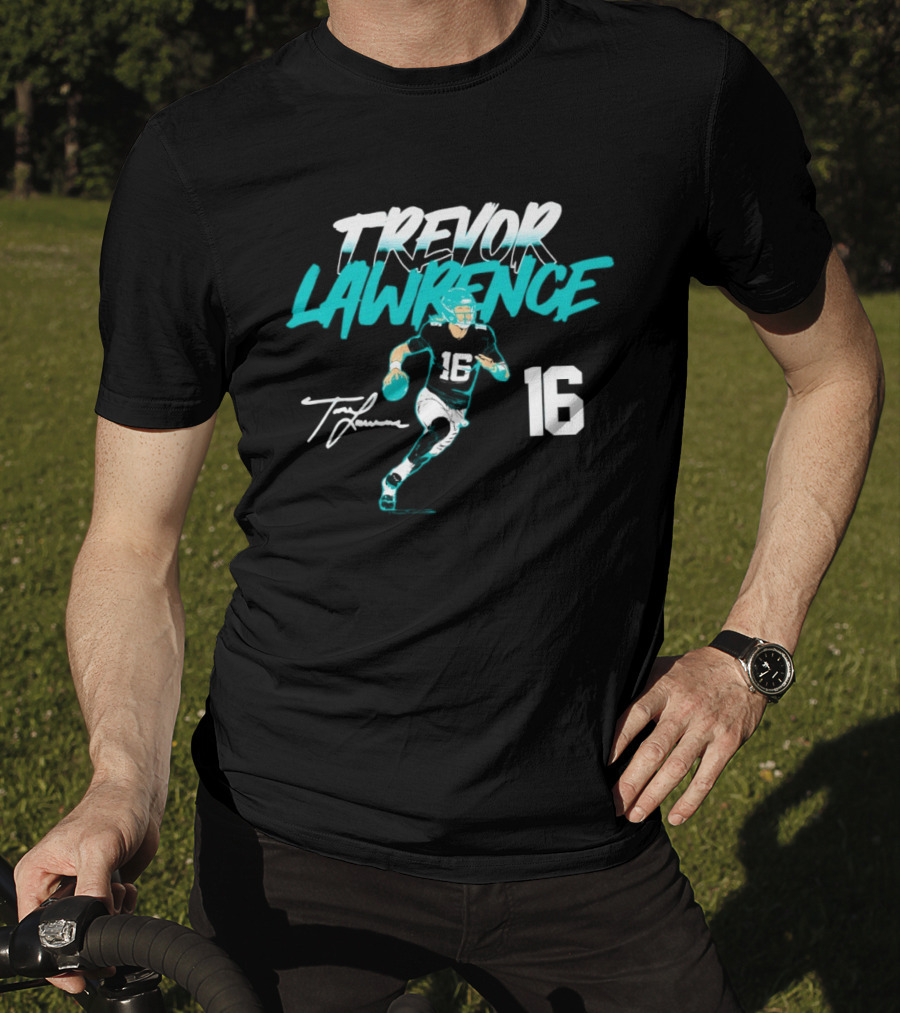 Trevor Lawrence No 16 Jaguars Signature Style Football 2026 T-Shirt