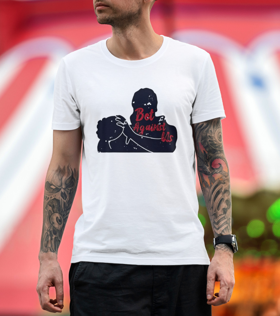 Bet Against Us Red Script Embracing Figures White Line T-Shirt