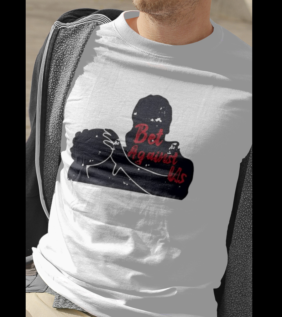 Bet Against Us Red Script Embracing Figures White Line T-Shirt