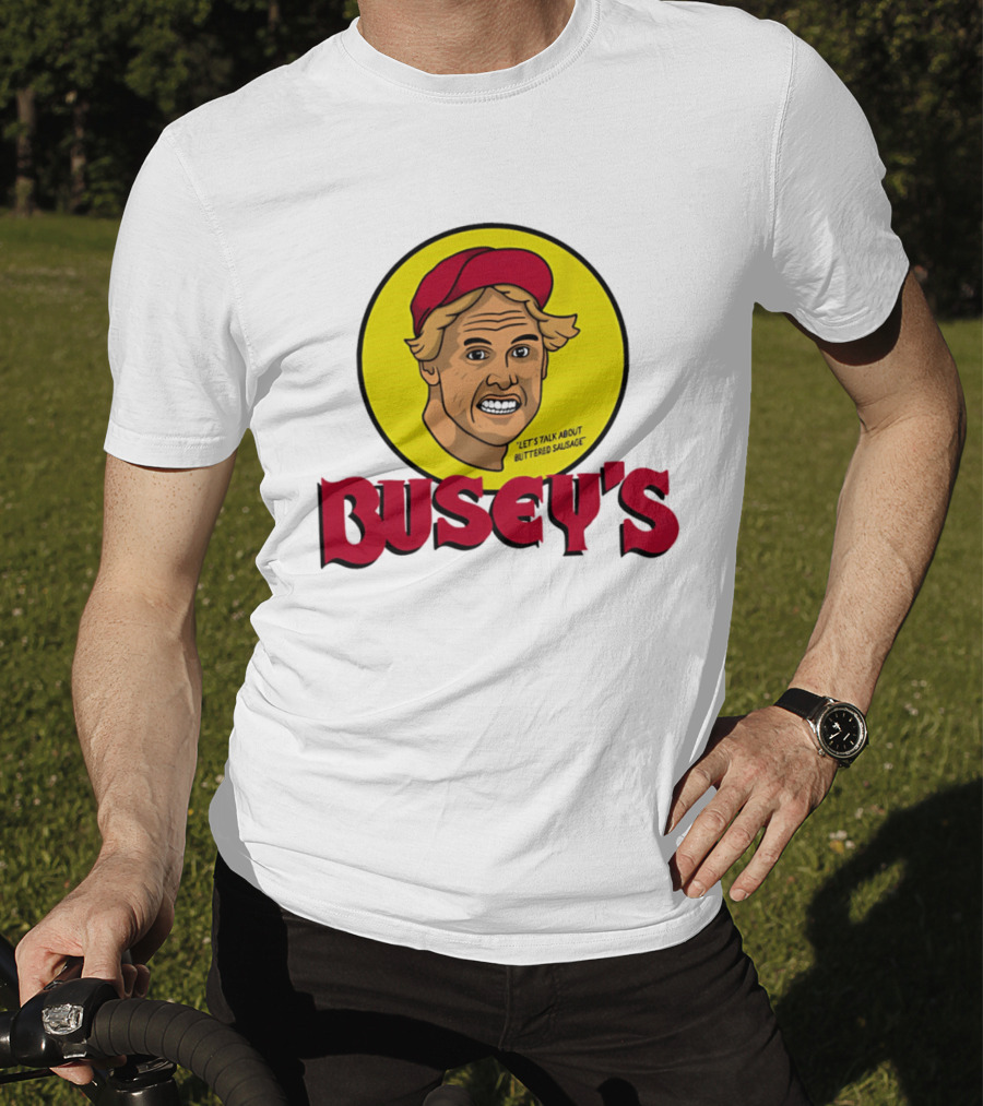 Busey's Let's Talk About Buttered Sausage Gary Busey Red Cap T-Shirt