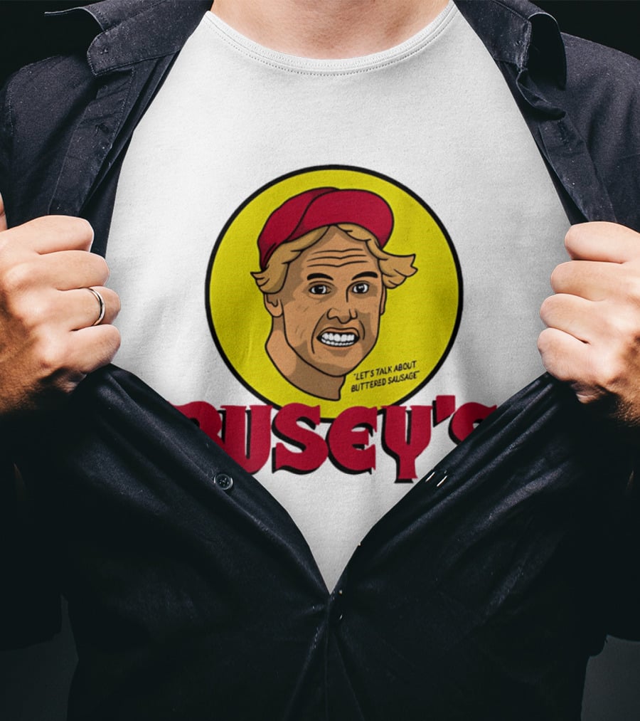 Busey's Let's Talk About Buttered Sausage Gary Busey Red Cap T-Shirt