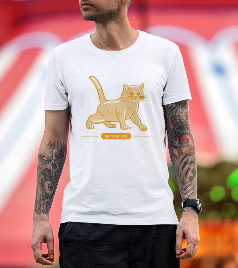 Butter Cat Yellow Orange Cartoon Walking Feline Line T-Shirt