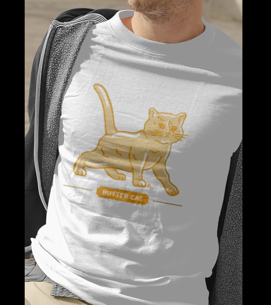 Butter Cat Yellow Orange Cartoon Walking Feline Line T-Shirt