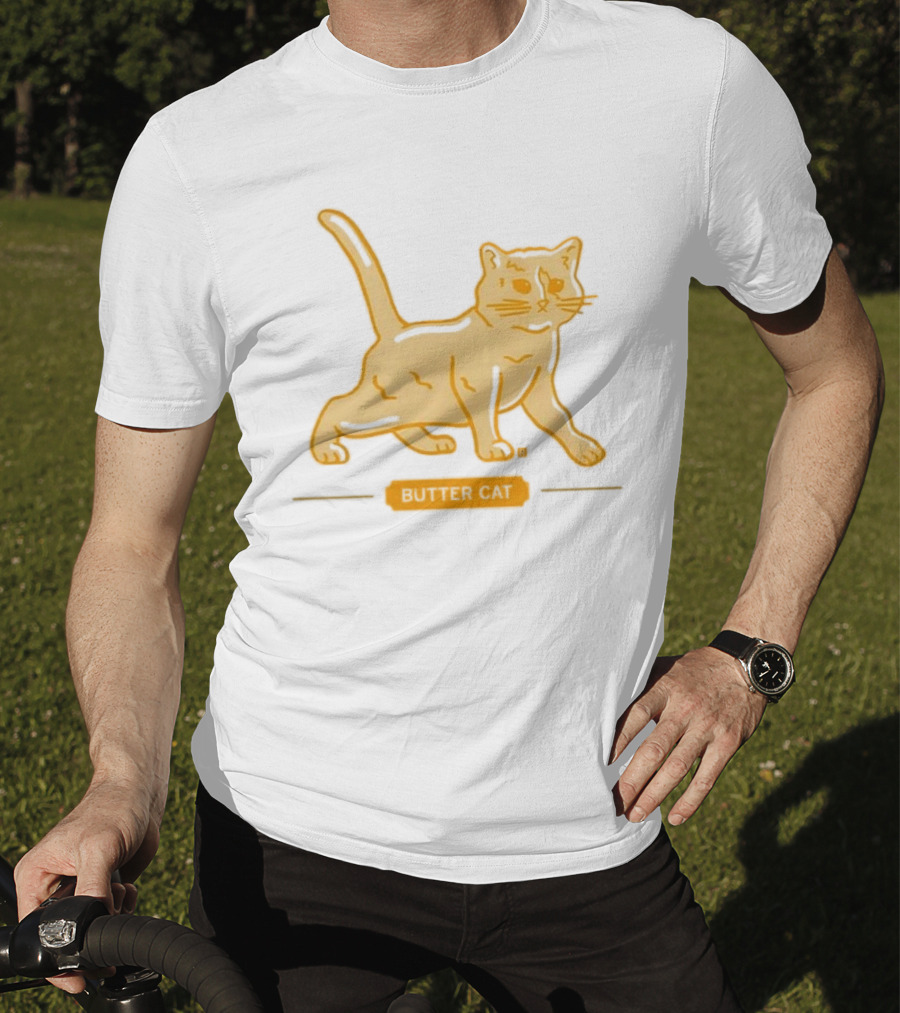 Butter Cat Yellow Orange Cartoon Walking Feline Line T-Shirt