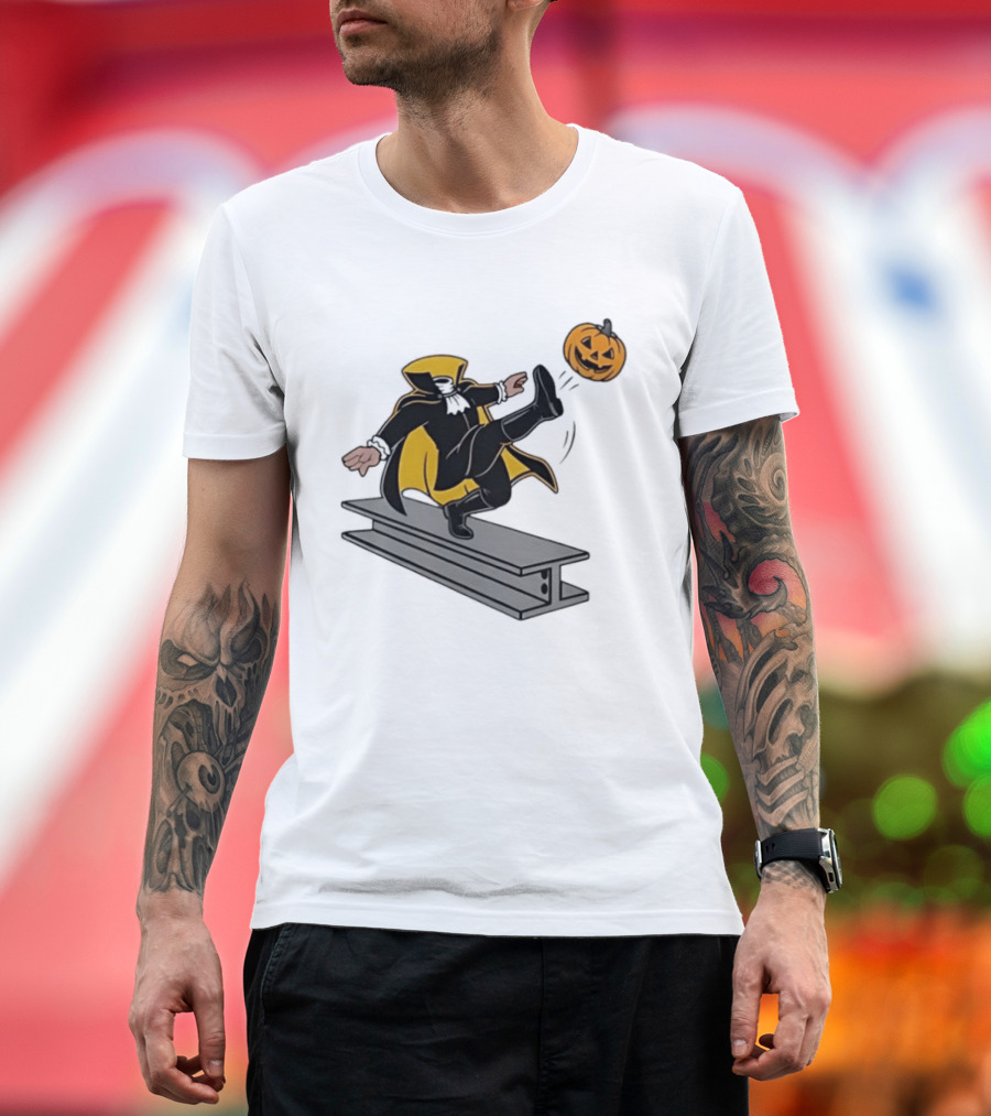 Cartoon Headless Horseman Kicking Jack O Lantern Pumpkin Steel Beam T-Shirt