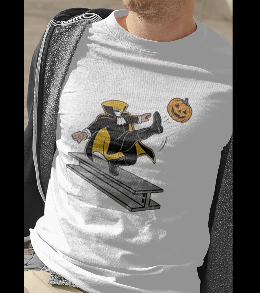 Cartoon Headless Horseman Kicking Jack O Lantern Pumpkin Steel Beam T-Shirt