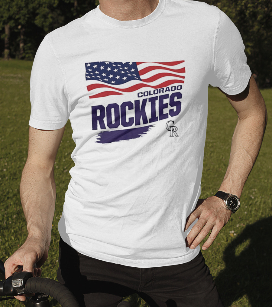Colorado Rockies MLB American Flag Brush Stroke Waving T-Shirt