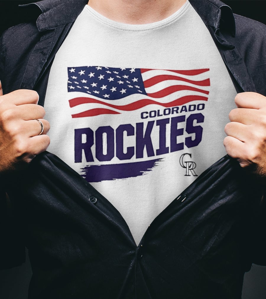 Colorado Rockies MLB American Flag Brush Stroke Waving T-Shirt