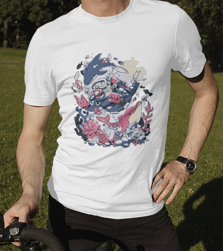Fangamer Dolphins Dive Underwater Adventure With Diver And Marine Life T-Shirt