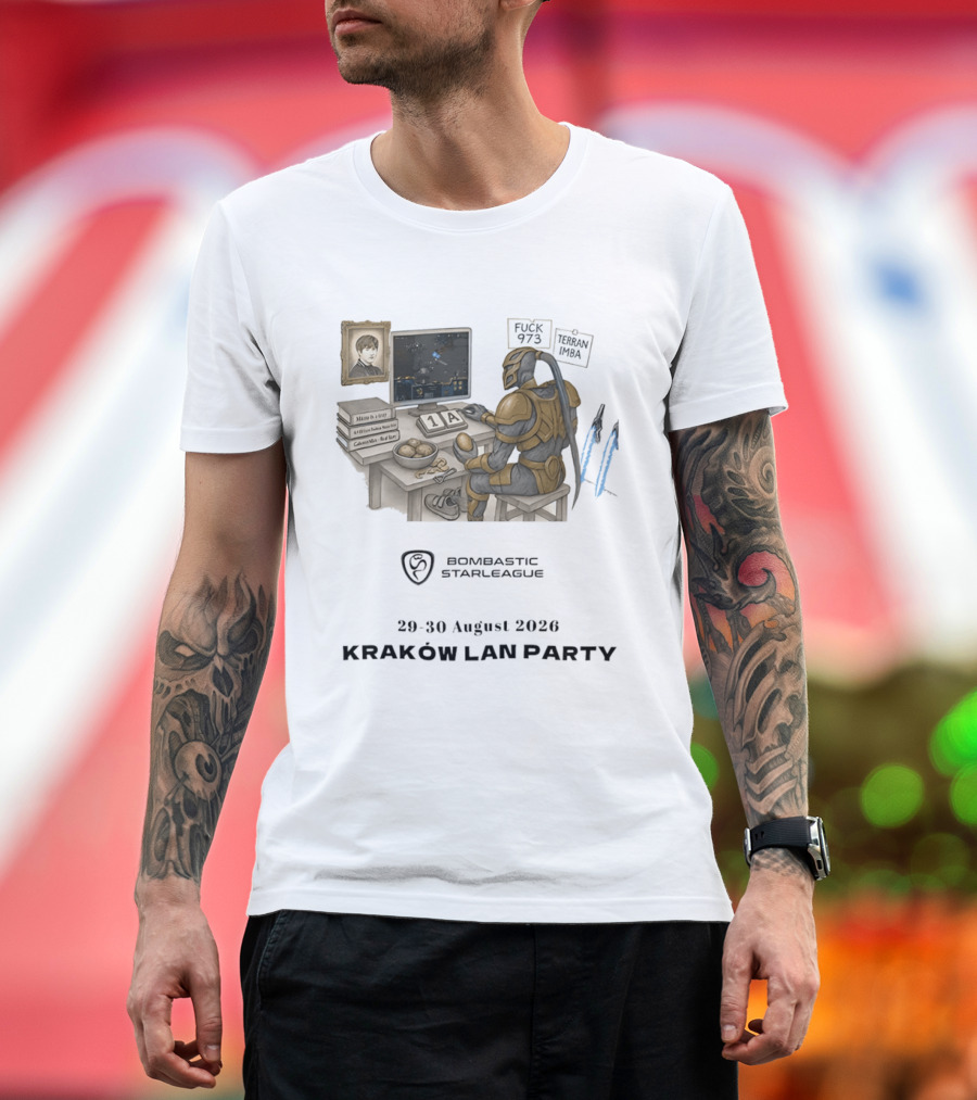 Bombastic StarLeague LAN Party Kraków August 2026 Terran Imba Micro Trap Nexus Gatewayman T-Shirt