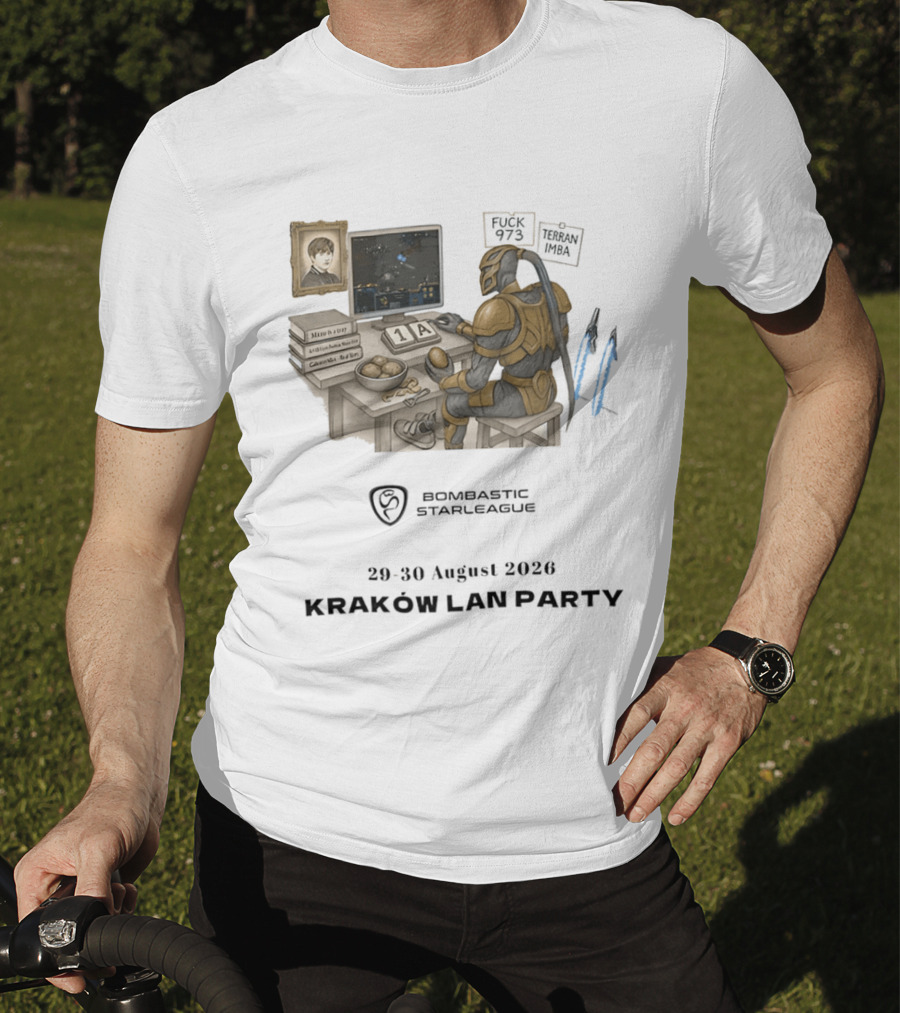 Bombastic StarLeague LAN Party Kraków August 2026 Terran Imba Micro Trap Nexus Gatewayman T-Shirt