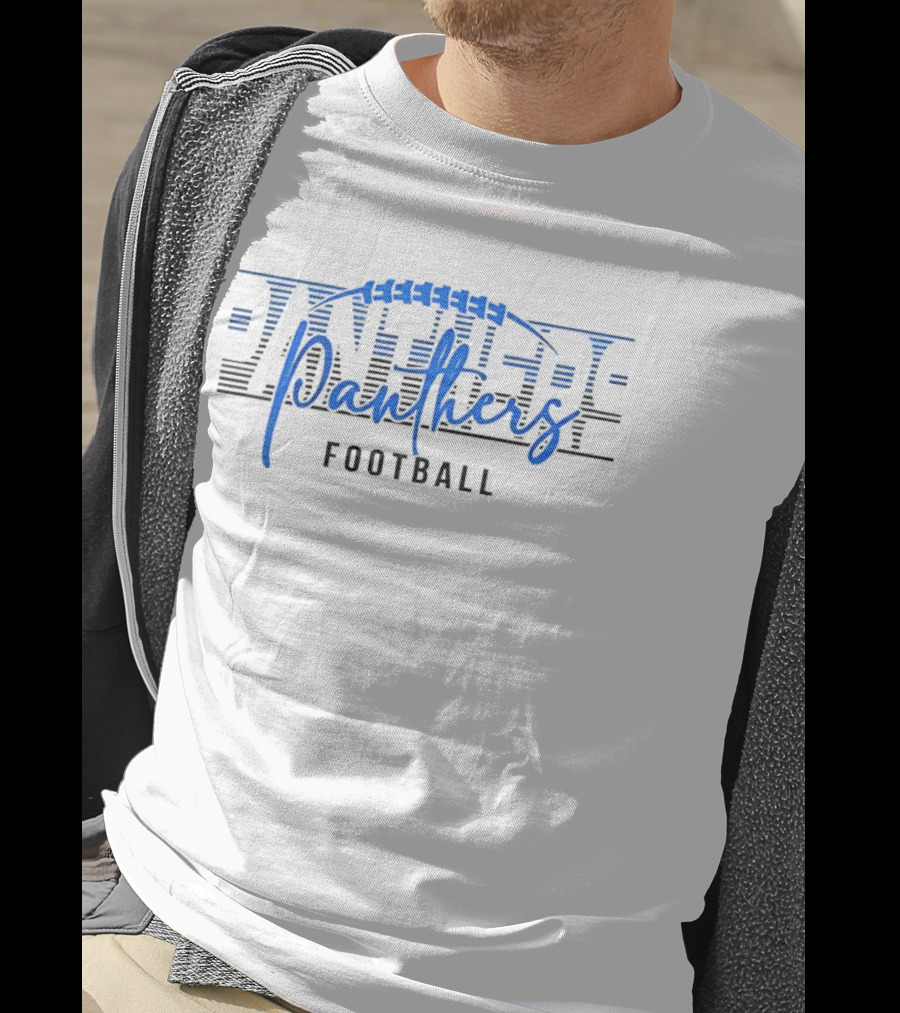 Panthers Football Blue Script Striped Laces Football T-Shirt