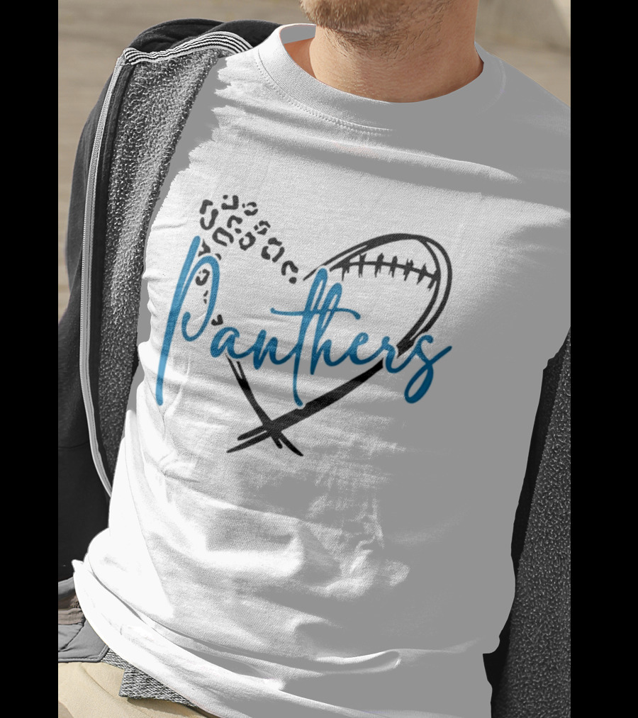 Panthers Heart Leopard Spots Football Laces Cursive Line T-Shirt