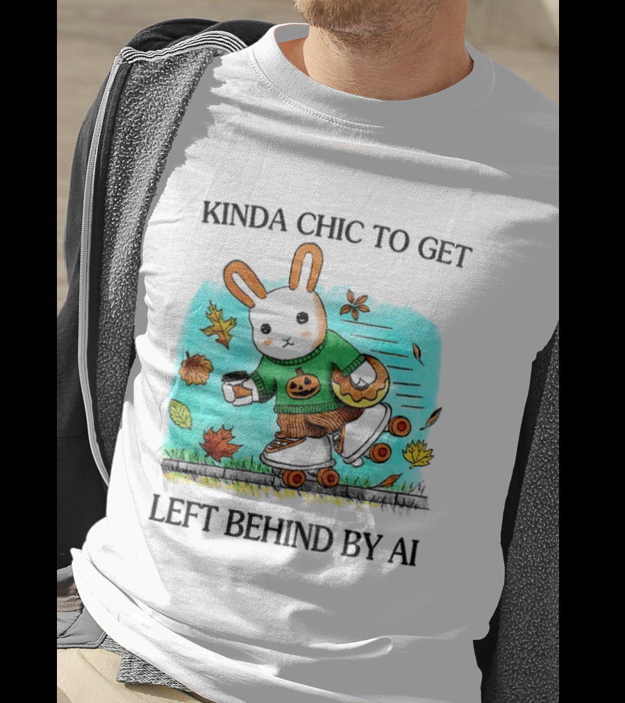 Kinda Chic Rabbit Roller Skating With Pumpkin Happy Fall Leaves Left Behind By AI T-Shirt