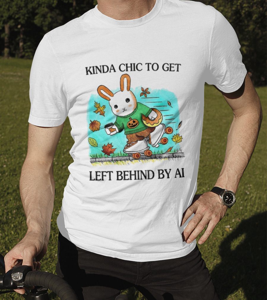 Kinda Chic Rabbit Roller Skating With Pumpkin Happy Fall Leaves Left Behind By AI T-Shirt