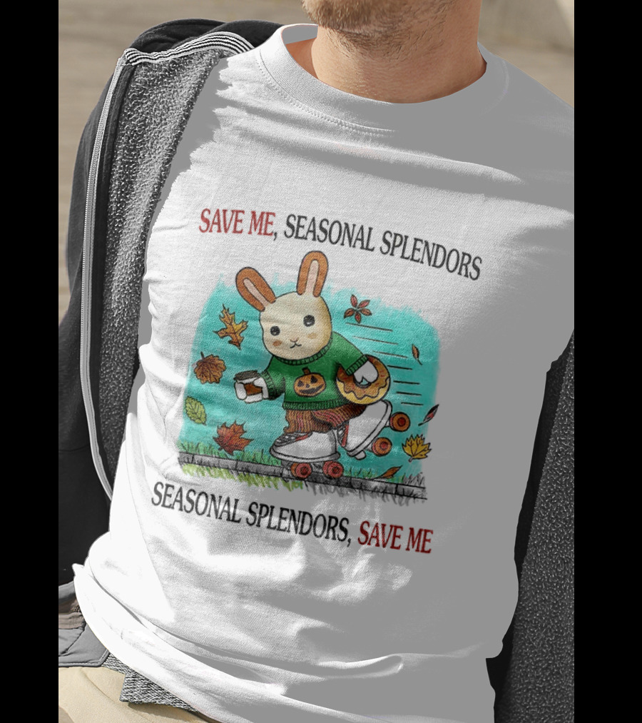 Skater Rabbit With Coffee And Donut Save Me Seasonal Splendors Leaves T-Shirt