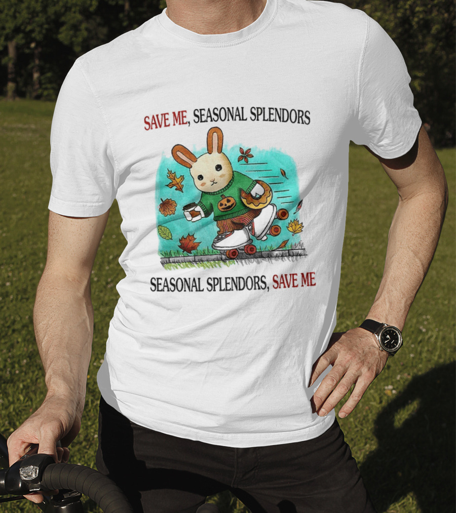 Skater Rabbit With Coffee And Donut Save Me Seasonal Splendors Leaves T-Shirt