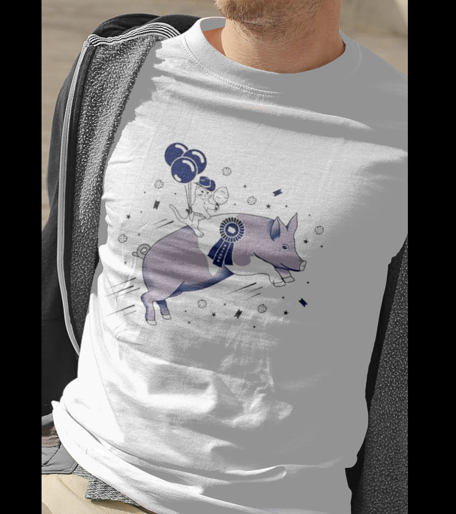Raygun Cartoon Cowboy Cat Riding Flying Pig With Iowa Ribbon And Balloons T-Shirt