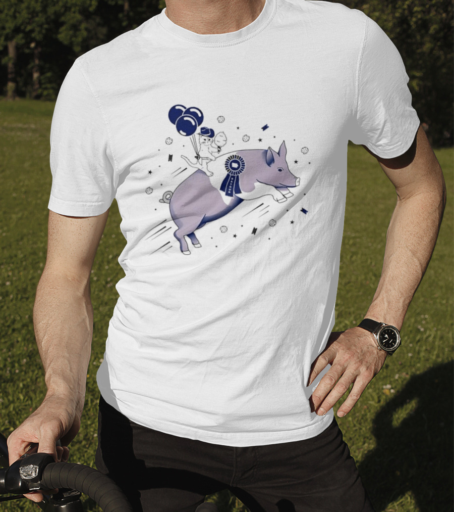 Raygun Cartoon Cowboy Cat Riding Flying Pig With Iowa Ribbon And Balloons T-Shirt