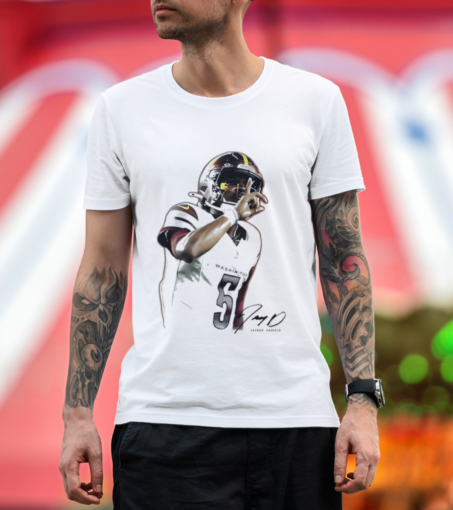 Washington Commanders Jayden Daniels Quarterback Finger To Lips Photo Cutout T-Shirt