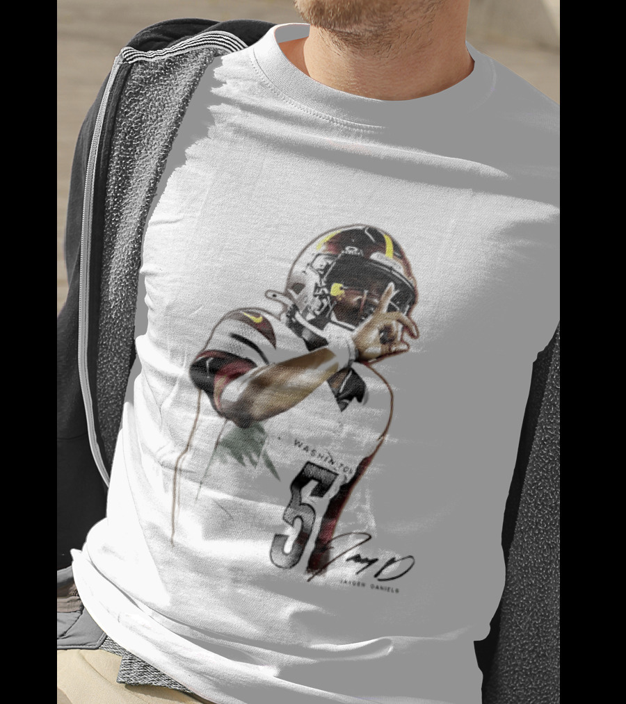 Washington Commanders Jayden Daniels Quarterback Finger To Lips Photo Cutout T-Shirt