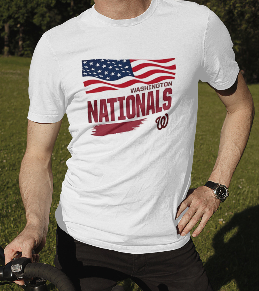 Washington Nationals Waving American Flag Red Brushstroke MLB T-Shirt