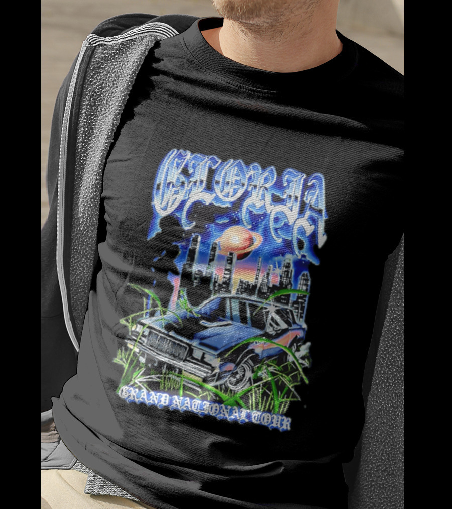 Gloria Grand National Tour Classic Car City Skyline Planet T-Shirt