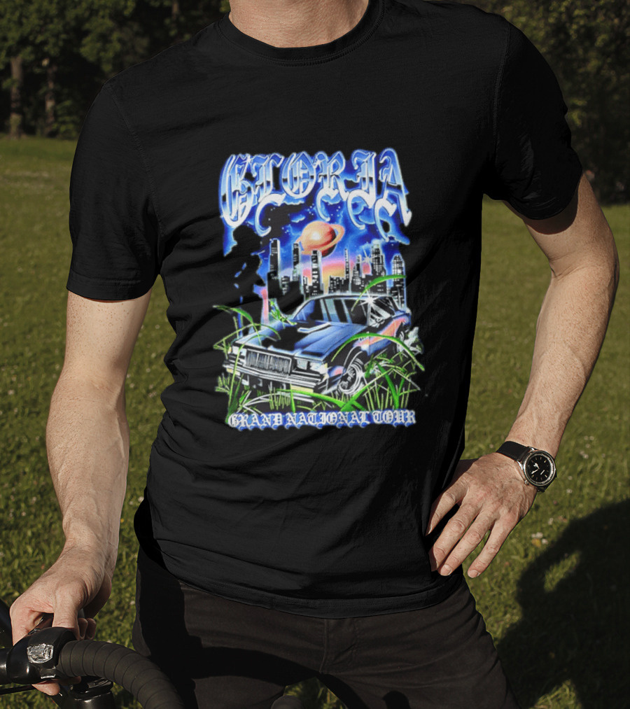 Gloria Grand National Tour Classic Car City Skyline Planet T-Shirt