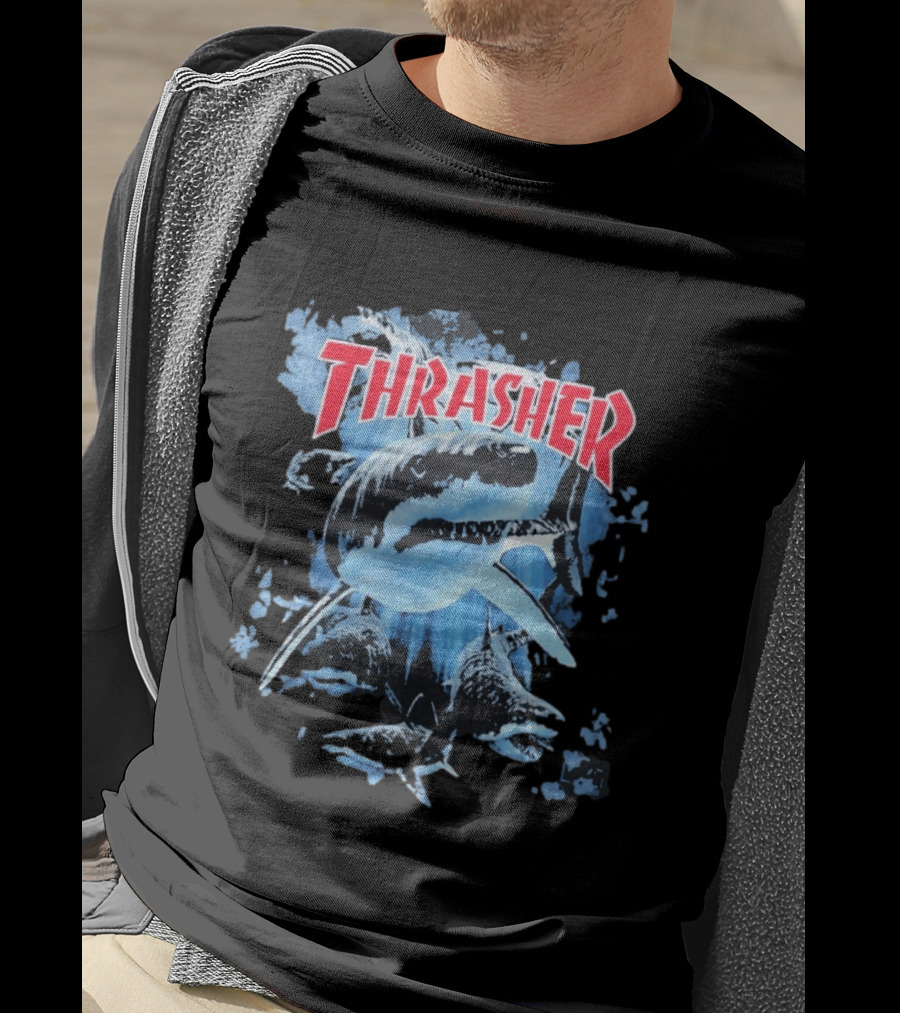 Thrasher Shark Blue Print Skateboarding T-Shirt