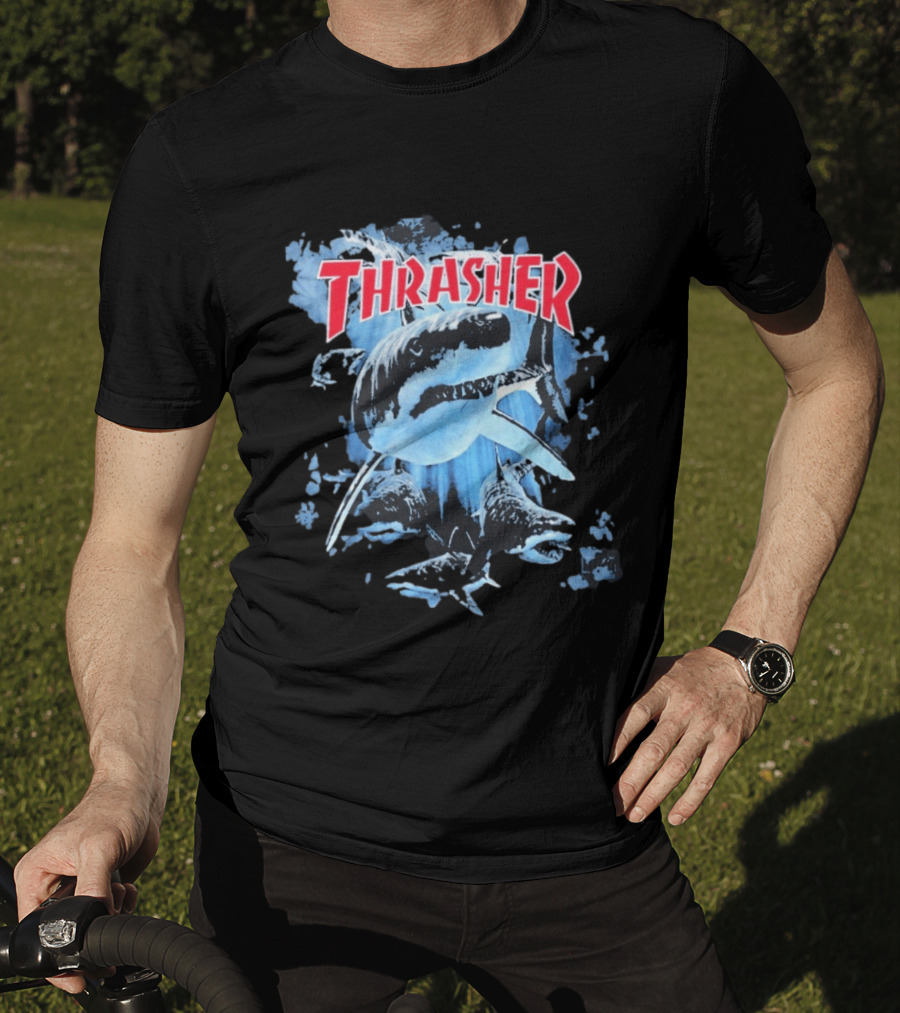Thrasher Shark Blue Print Skateboarding T-Shirt