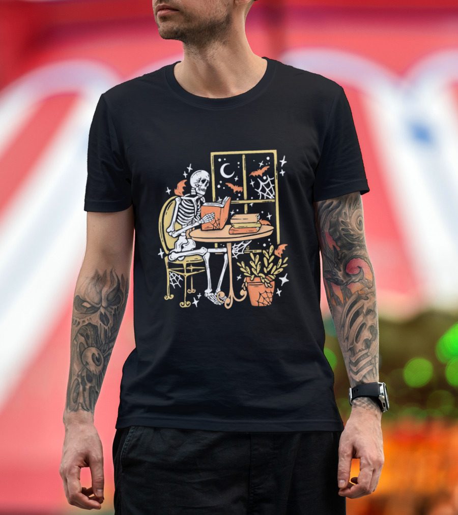 Cartoon Skeleton Reading Under Crescent Moon With Bats Orange Book Table Window T-Shirt